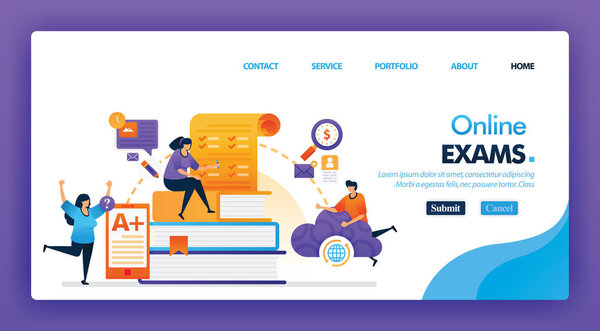 People take online exam concept design for landing pages. flat cartoon character take exam and get A + results with a internet or cloud storage. can use for homepage, website, web, mobile apps, poster, marketing, promotion, advertising, document, ads