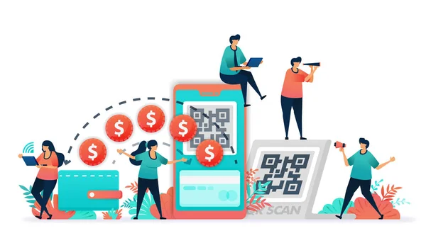 Banknot ya da para kullanarak alışılagelmiş işlemlerden dijital cüzdana dönüştürülmüş. Mobil bankacılık ve nakitsiz ödeme sistemi için QR kodunu tara, fintech veya finans teknolojisi, nakitsiz toplum, pazarlama, promosyon, reklamcılık, belge, reklamlar,