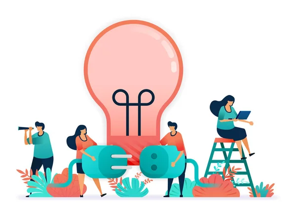 灯泡用电照明 连接插头和插座 团队精神的隐喻 商业上的创造力 独立解决问题 集思广益解决问题 — 图库矢量图片
