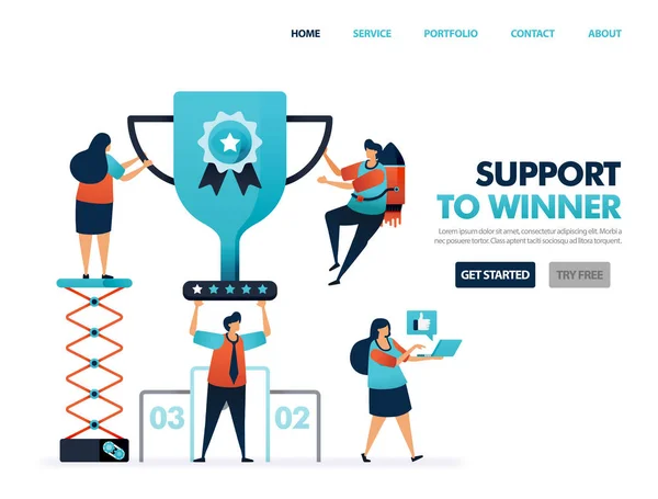 Support to winner to get award and prize. Trophy and certificate for result of teamwork. Help to achieve goal and achievement. Top best ranking get cup. Illustration for website, mobile apps, poster, marketing, promotion, advertising, document, ads