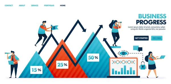 企業戦略計画報告書の進捗状況 ビジネスのチャート 三角形のグラフで会社の利益 会社の成長と発展 ウェブサイト モバイル ポスター マーケティング プロモーション ドキュメント — ストックベクタ