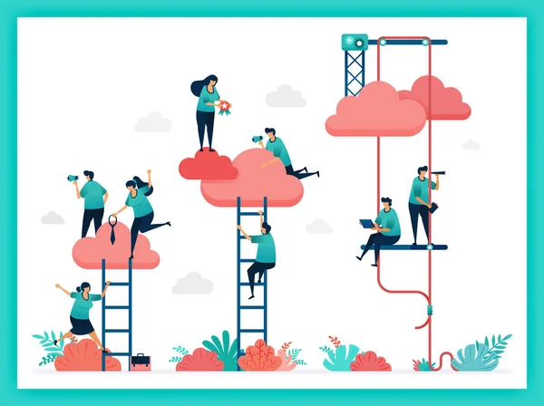 Vector of stair, job title, position. Increase position and ranking in company instantly. Try hard up stair to reach clouds. Teamwork in business. choose career, job title in a corporate organization, marketing, promotion, advertising, document, ads — Stock Illustration Vector Stair Job Title Position Increase Position Ranking Company Instantly Vector Graphics