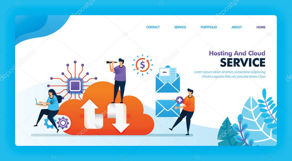 Landing page vector design of Hosting and Cloud. Easy to edit and customize. Modern flat design concept of web page, website, homepage, mobile apps UI. character cartoon Illustration flat style, marketing, promotion, advertising, document, ads