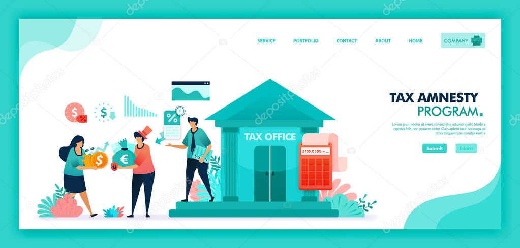 Tax amnesty program for reporting asset and tax violation at government tax office. Tax officer advising and calculate taxpayer annual bill, People pay lower taxes. Flat illustration vector design, marketing, promotion, advertising, document, ads