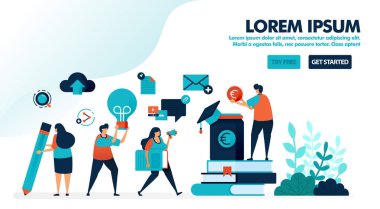 Eğitim ve burs programı için para biriktir ve biriktir. Öğrenme ve fikirler için kitap yığını. İniş sayfası, web, web sitesi, afiş, mobil uygulamalar, broşür, poster, ui, pazarlama, tanıtım, reklam, belge, reklamlar için düz vektör ilülasyonu