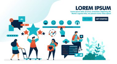Kullanıcı memnuniyeti derecesi. Görüşleri duygu simgeleriyle doldurun ve yıldız geri bildirimi yapın, paylaşın, yorumlar gibi. İniş sayfası, web, web sitesi, afiş, mobil uygulamalar, broşür, poster, ui, pazarlama, tanıtım, reklam, belge, reklamlar için düz vektör ilülasyonu