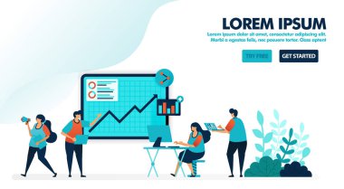 İş semineri. Toplantı ya da şirket toplantısı. Kâr raporlarını çizelgeler ve analizlerle tartış ve değerlendir. İniş sayfası, web, web sitesi, afiş, mobil, broşür, poster, ui, pazarlama, tanıtım, reklam, belge, reklamlar için düz vektör ilülasyonu