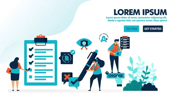 İnceleme formlarını işaretle ve işaretle. Evet ya da hayır şeklinde cevap ver. Anket ya da sınav seçimi. İniş sayfası, web, web sitesi, afiş, mobil uygulamalar, broşür, poster, ui, pazarlama, tanıtım, reklam, belge, reklamlar için düz vektör ilülasyonu