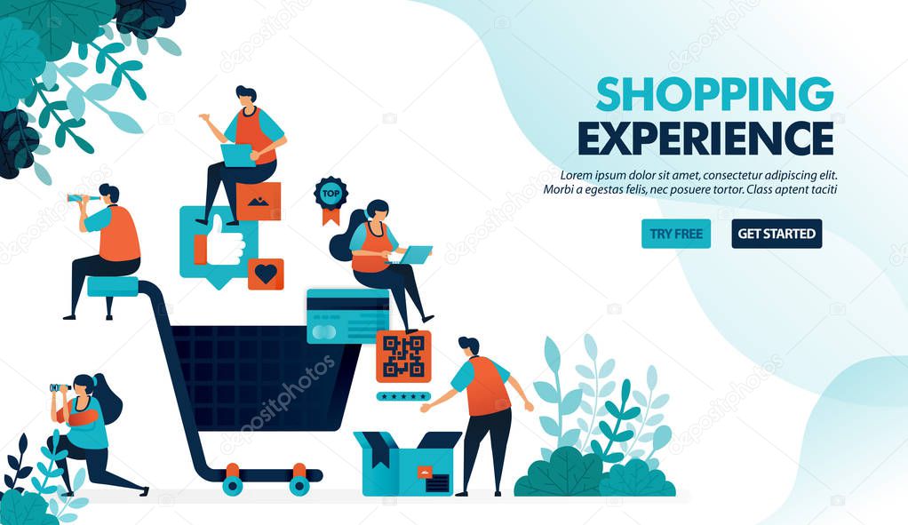 Shopping experience of finding products, making payments and delivery services. Big shopping cart. Flat vector illustration for landing page, web, website, banner, mobile apps, flyer, poster, ui, marketing, promotion, advertising, document, ads