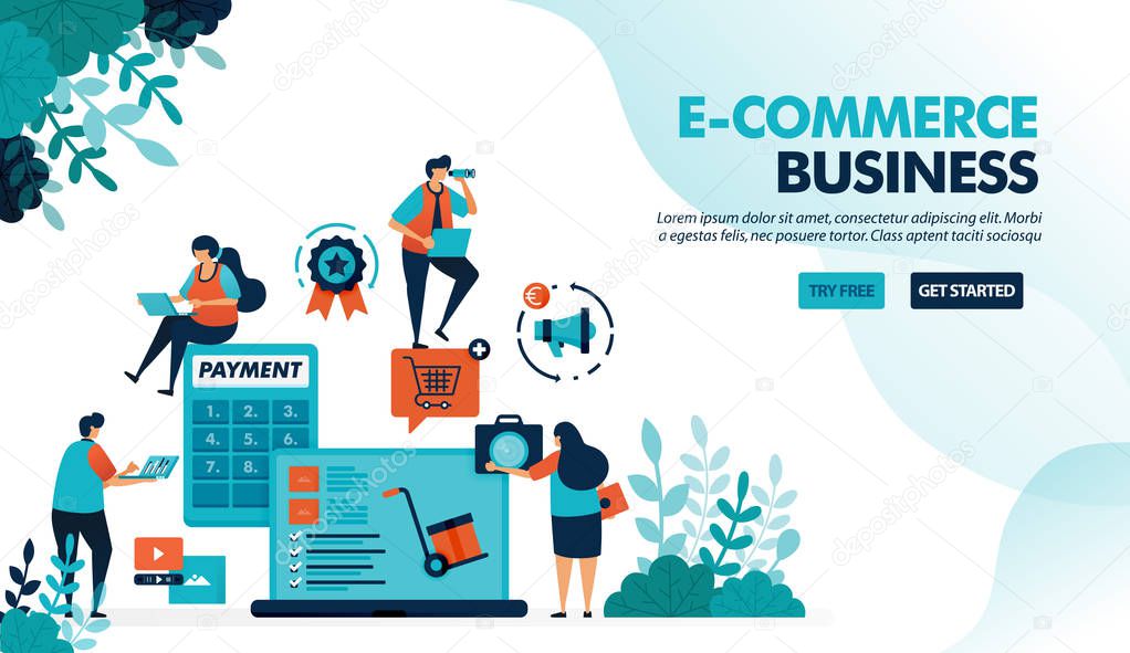 Ecosystem in e-commerce business. Starting choosing product, payment & shipping method. Calculator for bagets. Flat vector illustration for landing page, website, banner, mobile apps, flyer, poster, marketing, promotion, advertising, document, ads