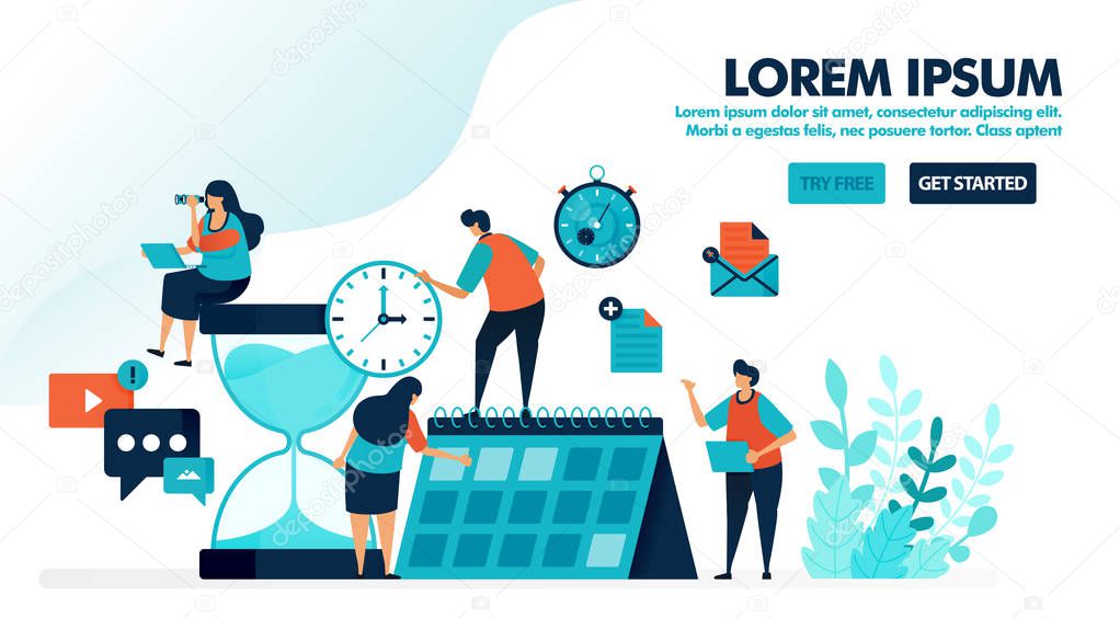 Organize schedules and plans on the calendar. Giant hourglass with reminder alarm. Time management for personal work. Flat vector illustration for landing page, web, mobile apps, flyer, poster, ui ux, marketing, promotion, advertising, document, ads
