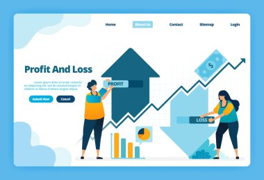 Kâr ve zarar sayfası. Sermaye kazançlarının yükselmesi ve düşmesi finans piyasalarına yatırım yapıyor. İniş sayfası, web sitesi, mobil uygulamalar, poster, broşür