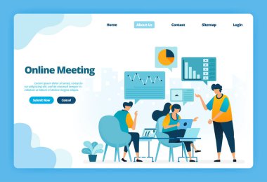 Online toplantının iniş sayfası. İş toplantıları ve pazarlama stratejisi planlaması için konferanslar. İniş sayfası, web sitesi, mobil uygulamalar, poster, broşür