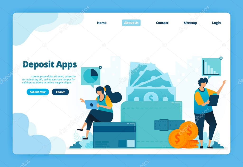 Landing page of deposit apps. Cashless society makes bill payments, saves money, wallet and financial transactions. Illustration of landing page, website, mobile apps, poster, flyer