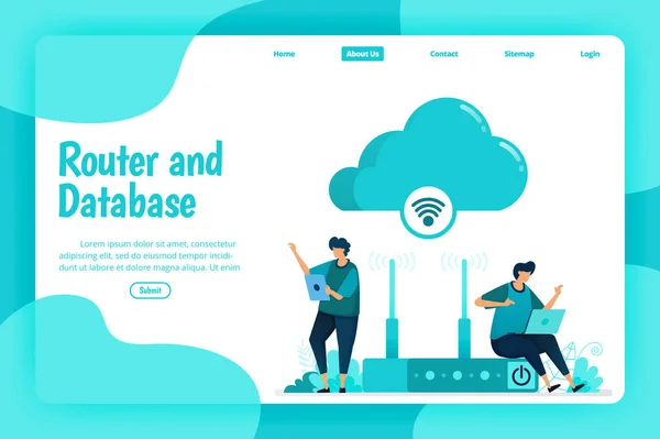 Landing Page Template Von Router Und Datenbankdienst Wifi Netzwerk Und — Stockvektor