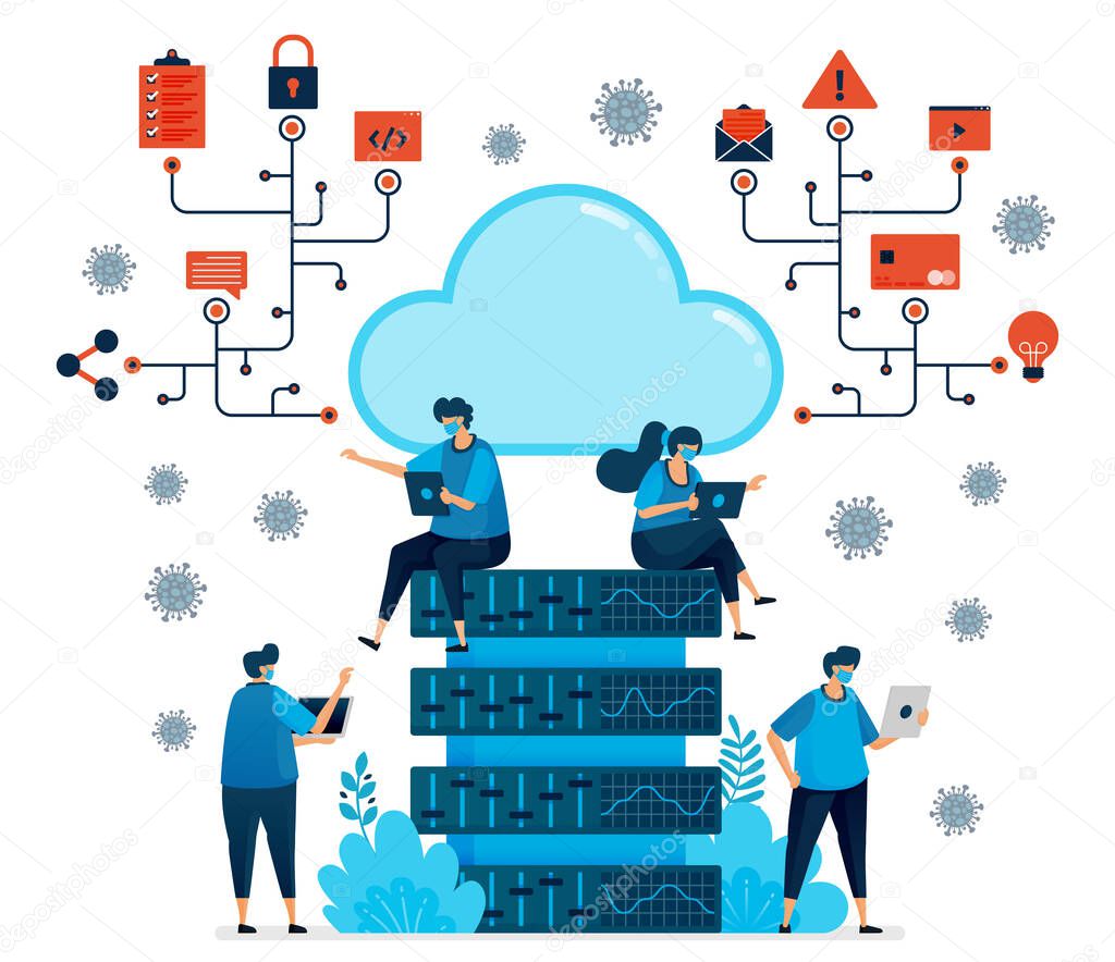 Vector illustration of cloud computing platform to support new normal work. Database tech for covid-19 pandemic. Design can be used for landing page, website, mobile app, poster, flyers, banner