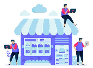 Bir dükkânı olan veya tezgah satan çevrimiçi pazar yeri için vektör illüstrasyonu. Pazar yerindeki eşyaları ara ve karşılaştır. İniş sayfası, web sitesi, ağ, mobil uygulamalar, posterler, el ilanları için kullanılabilir