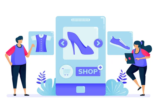 Vector Illustration Shopping Mobile Apps Fashion Products Open Shop Become — Stock Vector
