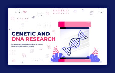 Tıbbi öğrenme ve ilaç geliştirme için genetik ve DNA araştırmalarının sayfa vektör illüstrasyonu. Web sitesi mobil uygulamaları poster arkaplan ögesi afiş şablonu için kullanılabilir