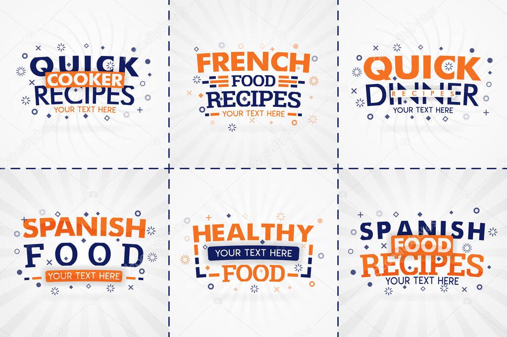 Orange cooking book set for food and recipe magazines. Restaurant menu titles or badges for food stores and restaurants. Minimalist design for recipe banners