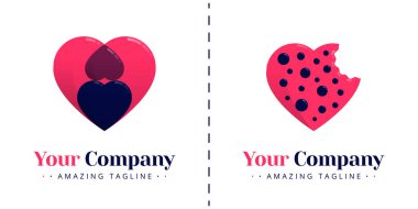 Çikolata parçacıkları ile ısırılmış kurabiye temalı aşk logosu ve büyük bir kalbe sahip iki karşıt kalpli aşk logosu. Şablonlar uygulamalar, olaylar, davetiyeler, kartlar için kullanılabilir