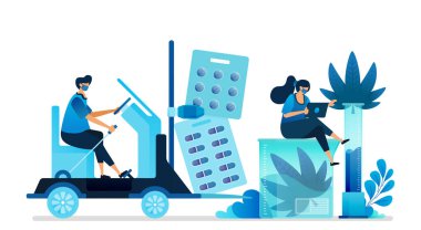 Kenevir vektör çizimleri. Tıbbi endüstri ve sağlık için marihuana üretimi ve dağıtımı. İniş sayfası, web sitesi, ağ, mobil uygulamalar, el ilanı, şablon, poster için kullanılabilir
