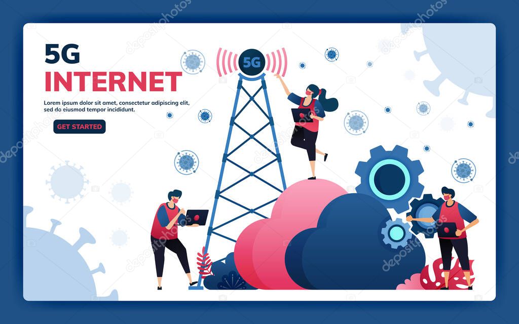 Landing page vector illustration of 5g infrastructure and internet network connections for activities and work during covid-19 virus pandemic. Symbol of cloud, engine, hosting. Web, website, banner