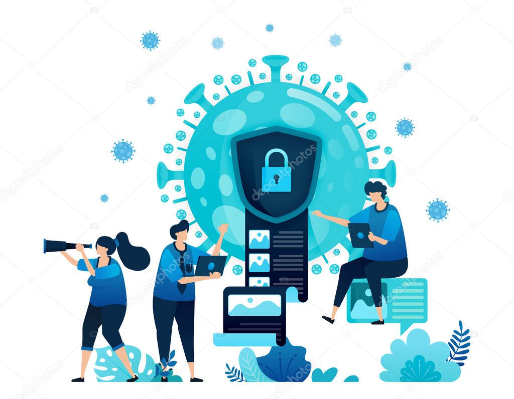 Vector illustration of data encryption and security to protect confidential information of covid-19 virus and vaccines. Virus document encryption icon and symbol. Landing page, web, website, banner