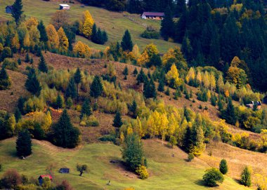 Sunrise Bucovina bölge Rumen kırsalında puslu tepeler üzerinde