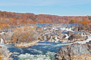 Potomac Nehri Rapids'de Great Falls state park Güz, Virginia, ABD. Güneşli sonbahar sabahı devlet park manzaralı bir şelale üzerinde.