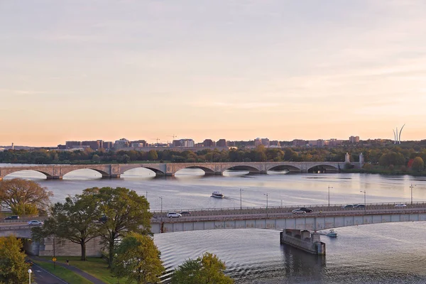 Panorama Washington Com Pontes Sobre Rio Potomac Pôr Sol Vista — Fotografia de Stock