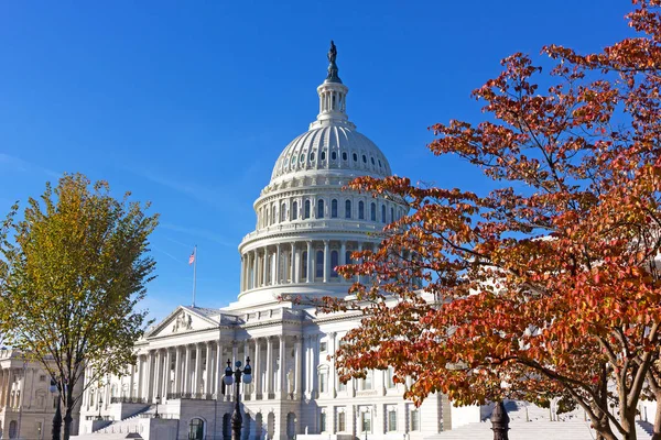 美国国会大厦在秋天 华盛顿特区 Usa 新古典主义纪念碑的建筑辉煌被画成秋天颜色的落叶树的自然之美 — 图库照片