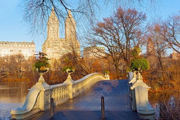 Ponte Bow Central Park Com Arranha Céus Manhattan Segundo Plano — Fotografia de Stock