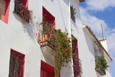 Bir ev açık mavi gökyüzü altında canlı ev bitkiler tarafından dekore edilmiş. Balkon ve koyu pembe boyalı windows odaların cephesinde. 