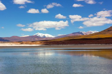 Ön plan ve karlı dağlar ufukta yansıması ile lagün güzel manzara. Atacama Çölü, Şili, Güney Amerika'da birden fazla jeolojik katmanları ile doğa panorama.