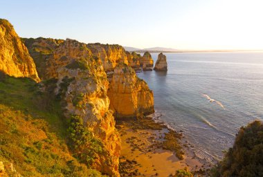 Bir tenha kum plaj ve güneş doğarken havada süzülen martı. Panorama doğal kayalıklarla ve sessiz suları deniz limanı Lagos, Portekiz.