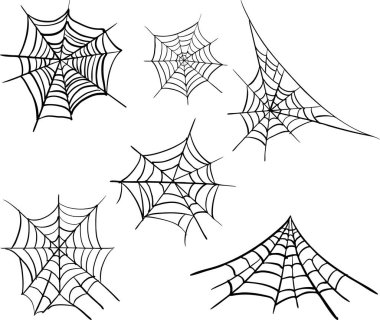 Cadılar Bayramı dekorasyonu için siyah örümcek ağı çizimi. Beyaz arka planda izole edilmiş, ürkütücü parti grafikleri, mevsimlik klipler, afişler, posterler ve şenlikli vektör çizimleri için mükemmel..