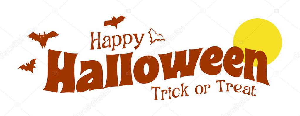 Festive Happy Halloween typography logo in brown with bats and seasonal lettering. Ideal for party invitations, posters, banners, greeting cards, promotions, and autumn holiday decorations.