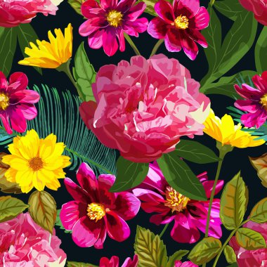 Sarı kasımpatı ve kırmızı peonies akışı ile Seamless modeli