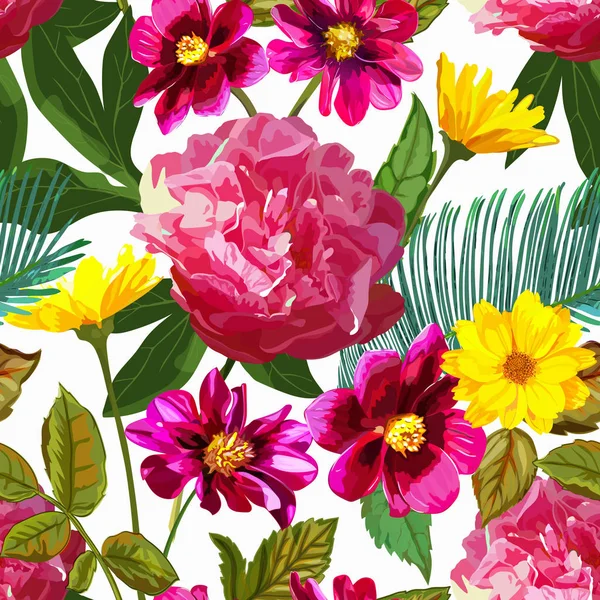 Sarı kasımpatı ve kırmızı peonies akışı ile Seamless modeli