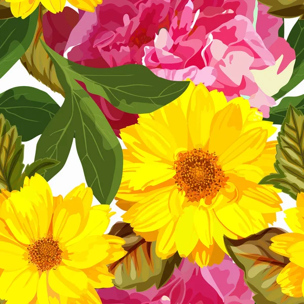 Modèle sans couture avec des chrysanthèmes jaunes et des pivoines rouges coulent — Image vectorielle