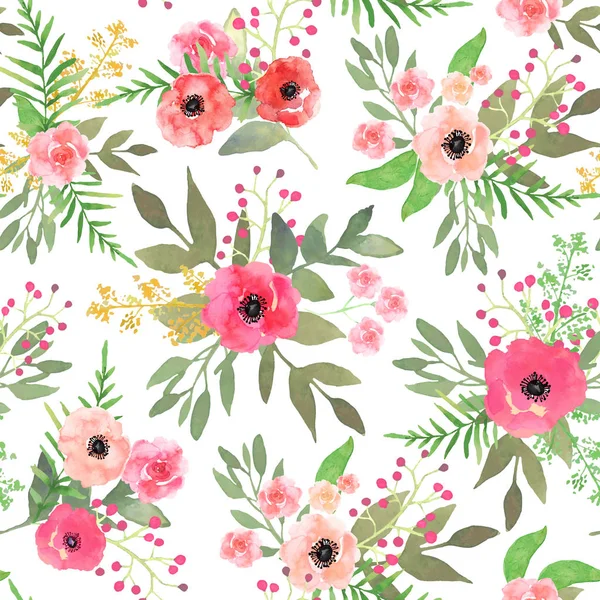 Aquarell florales nahtloses Muster mit farbenfrohem, von Hand gezeichnetem Rosa — Stockvektor