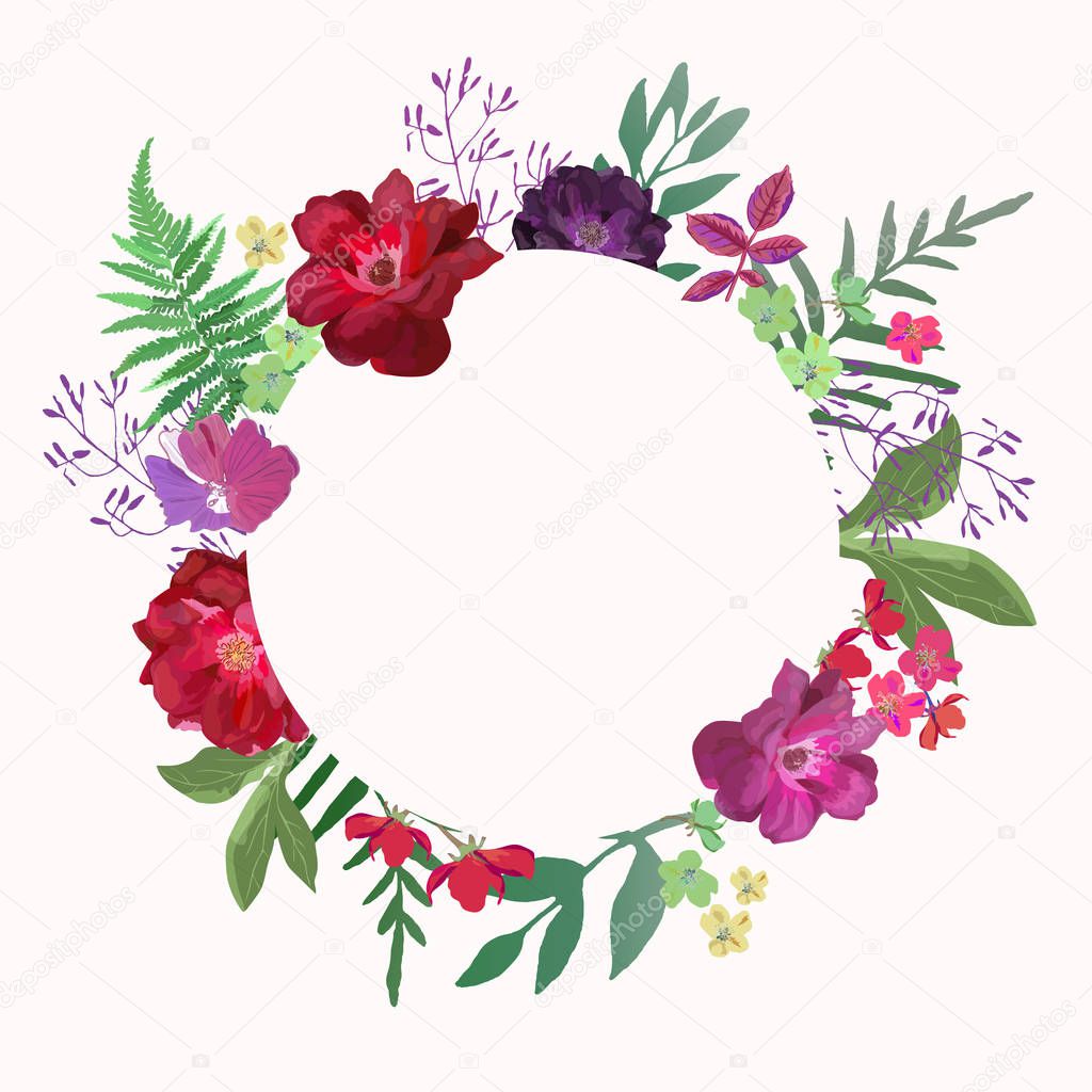 Marco de flores rosas de círculo. Tarjeta en fondo blanco ...