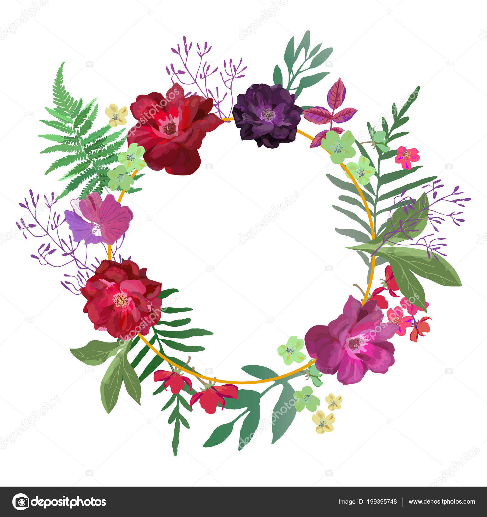 Wreath With Flowers And Leaves In Gold Circle Colorful Floral O Stock Vector Image By C Yulia77