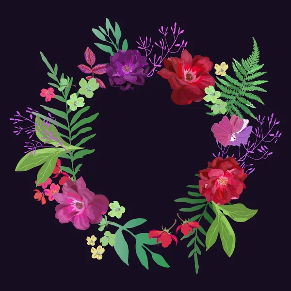 Στεφάνι με λουλούδια και φύλλα. Πολύχρωμα λουλούδια στολίδι για des — Διανυσματικό Αρχείο