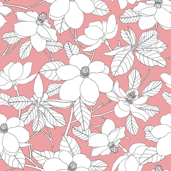 Nahtloses Muster mit Magnolienblüten und Blättern auf rosa Backgr — Stockvektor