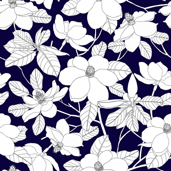 Χωρίς ραφή πρότυπο με magnolia λουλούδια και τα φύλλα σε μπλε έκφραση — Διανυσματικό Αρχείο
