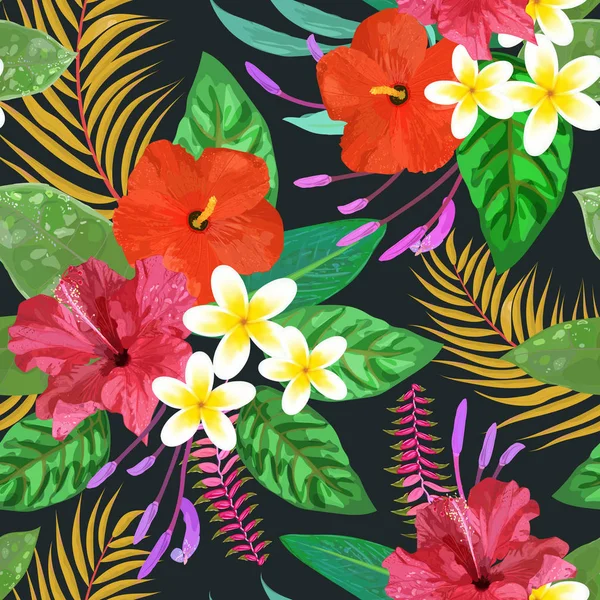 Tropical leaves and flowers seamless pattern colorful isolated h — Stock Vector