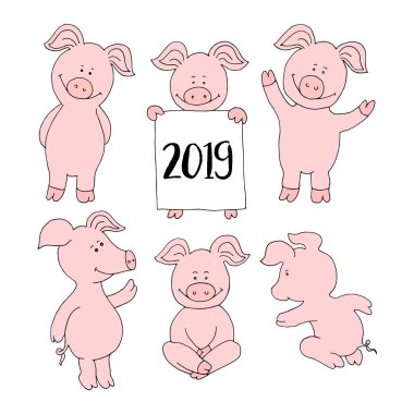 Domuz koleksiyonu kümesi. Afiş mutlu yeni yıl tebrik kartı ayarlayın. Kesme