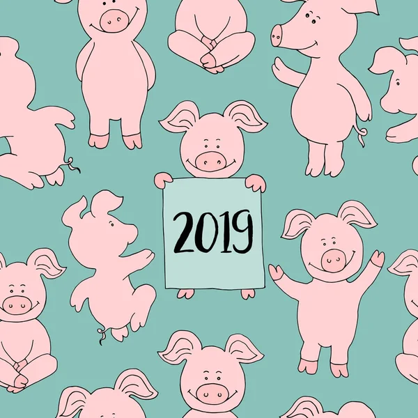 シームレスな豚のコレクションを設定します バナー幸せな新年のグリーティング カード かわいいブタの漫画 ベクトル図を分離しました ファーム動物アイコンを設定 貯金箱シンボル 2019 — ストックベクタ